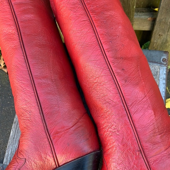 LARRY MAHAN VTG Ostrich Exotic Tall Knee High Red Painted Cowboy Western Boots - Picture 11 of 13